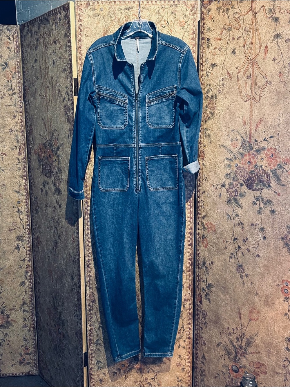 Free People Size Large Denim Zip-Front Jumpsuit - Blue